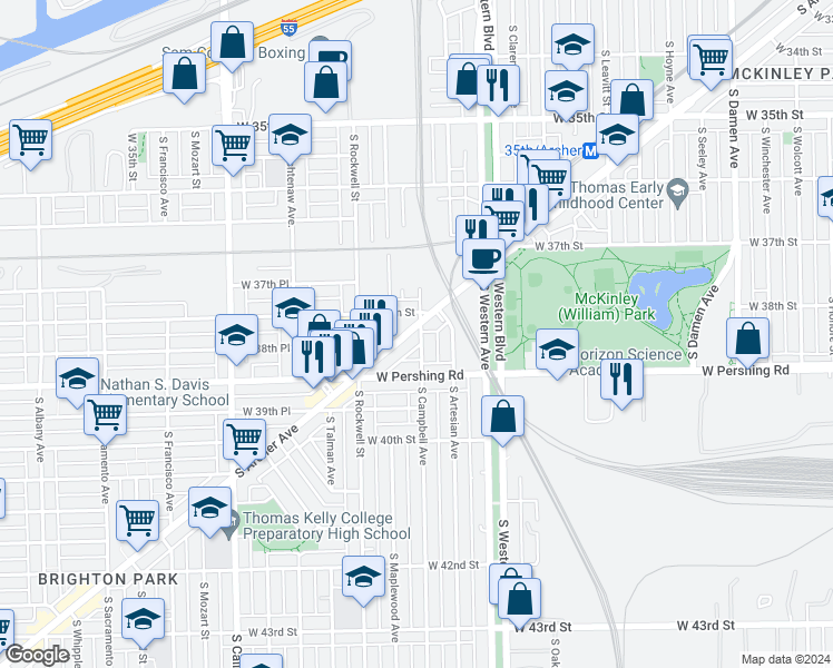 map of restaurants, bars, coffee shops, grocery stores, and more near 3801 South Archer Avenue in Chicago