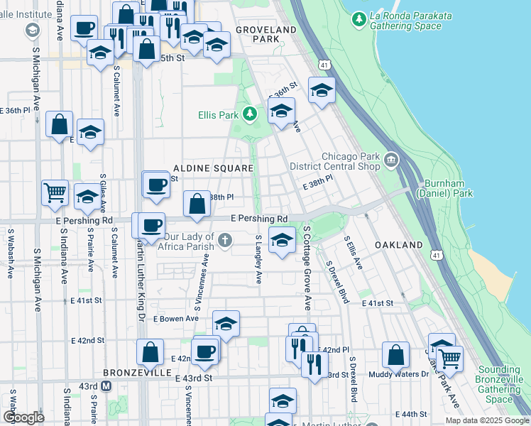 map of restaurants, bars, coffee shops, grocery stores, and more near 3855 South Langley Avenue in Chicago