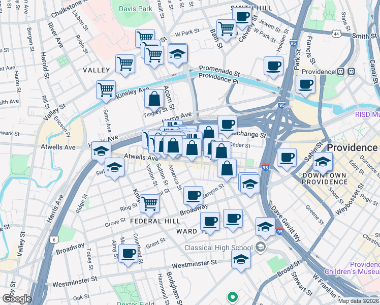 map of restaurants, bars, coffee shops, grocery stores, and more near 57 De Pasquale Avenue in Providence