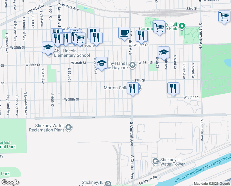 map of restaurants, bars, coffee shops, grocery stores, and more near 3733 South 57th Avenue in Cicero