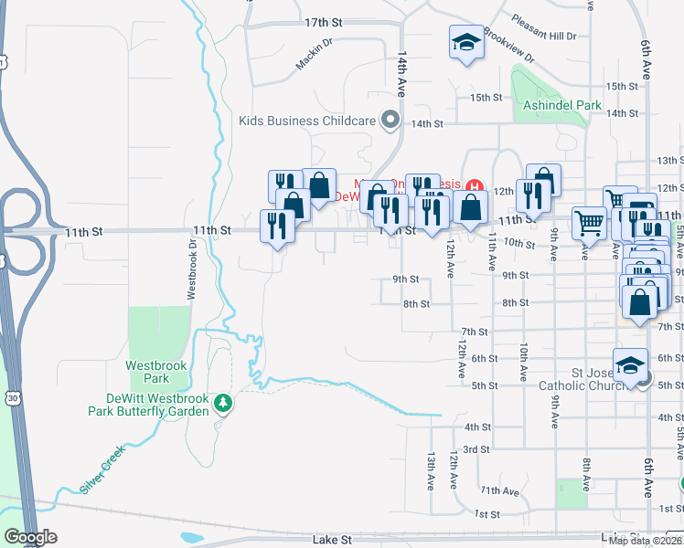 map of restaurants, bars, coffee shops, grocery stores, and more near 1527 11th Street in DeWitt
