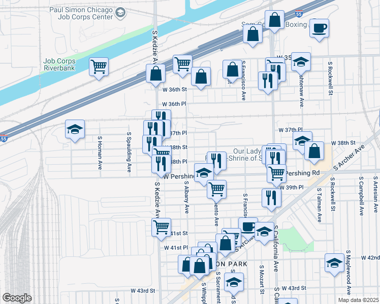 map of restaurants, bars, coffee shops, grocery stores, and more near 3807 South Albany Avenue in Chicago