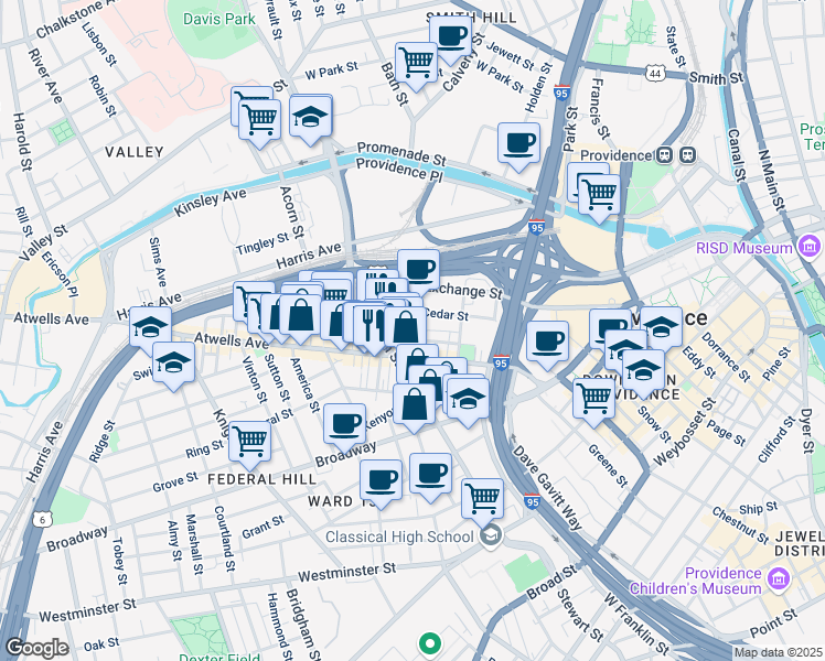 map of restaurants, bars, coffee shops, grocery stores, and more near 48 Brayton Avenue in Providence