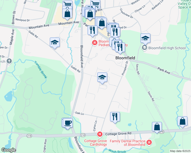 map of restaurants, bars, coffee shops, grocery stores, and more near 11 Turkey Hill Road in Bloomfield