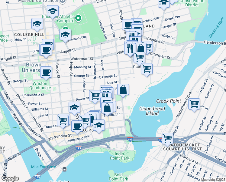 map of restaurants, bars, coffee shops, grocery stores, and more near 74 Preston Street in Providence