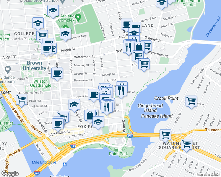 map of restaurants, bars, coffee shops, grocery stores, and more near 74 Preston Street in Providence