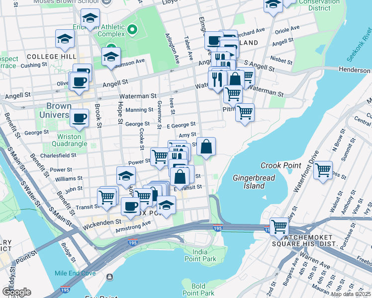 map of restaurants, bars, coffee shops, grocery stores, and more near 74 Preston Street in Providence