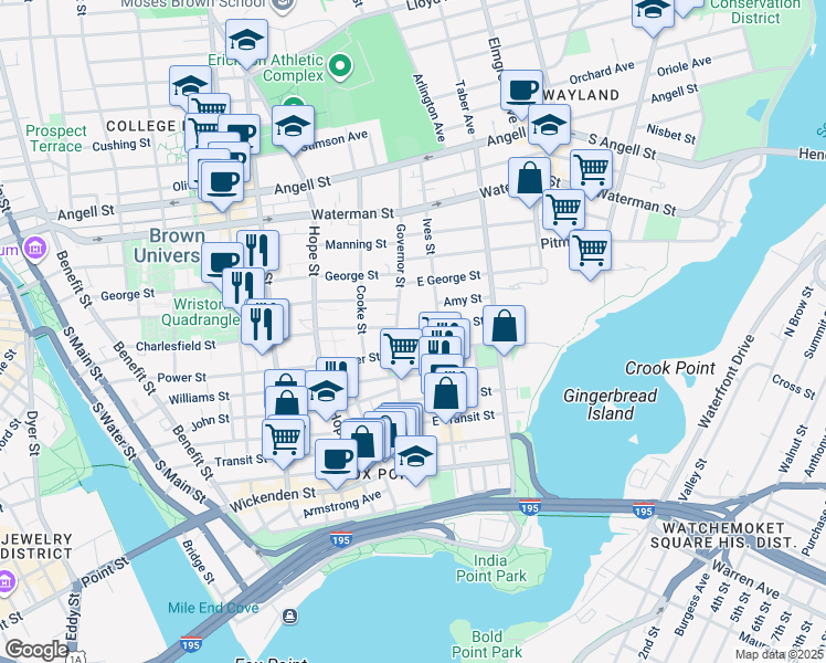 map of restaurants, bars, coffee shops, grocery stores, and more near 121 Governor Street in Providence