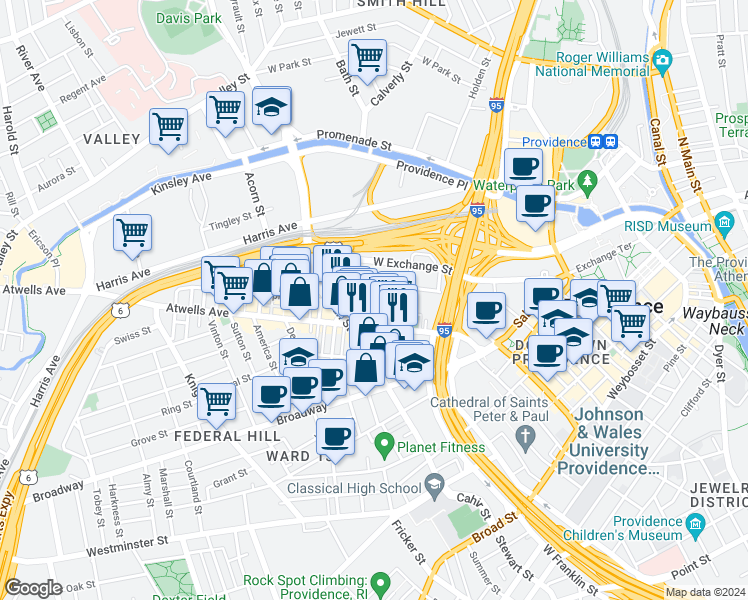 map of restaurants, bars, coffee shops, grocery stores, and more near 55 Cedar Street in Providence