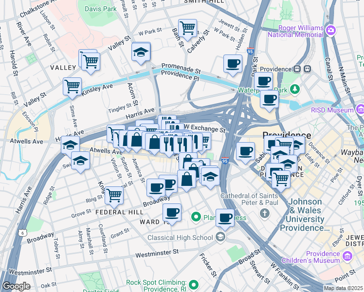 map of restaurants, bars, coffee shops, grocery stores, and more near 48 Brayton Avenue in Providence