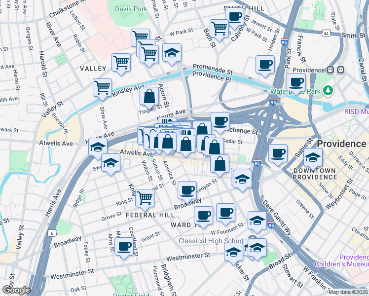map of restaurants, bars, coffee shops, grocery stores, and more near 57 De Pasquale Avenue in Providence