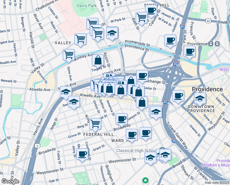 map of restaurants, bars, coffee shops, grocery stores, and more near 57 De Pasquale Avenue in Providence