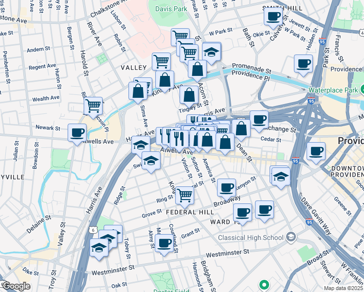 map of restaurants, bars, coffee shops, grocery stores, and more near 174 Spruce Street in Providence