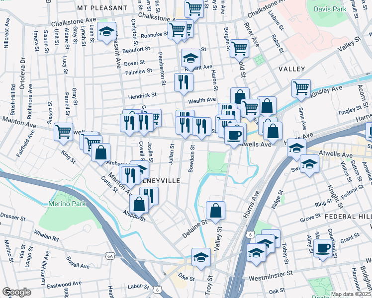 map of restaurants, bars, coffee shops, grocery stores, and more near 153 Putnam Street in Providence