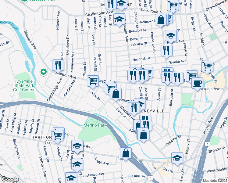 map of restaurants, bars, coffee shops, grocery stores, and more near 34 Erastus Street in Providence