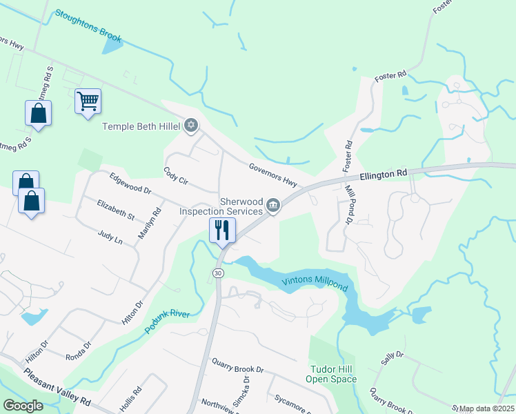 map of restaurants, bars, coffee shops, grocery stores, and more near 1072 Ellington Road in South Windsor