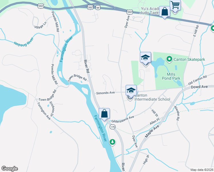 map of restaurants, bars, coffee shops, grocery stores, and more near 107 Timber Lane in Canton