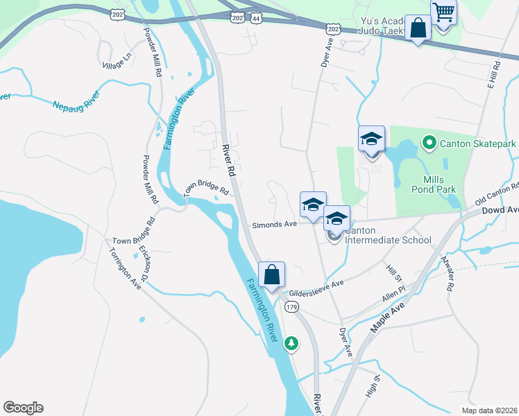 map of restaurants, bars, coffee shops, grocery stores, and more near 71 River Road in Canton