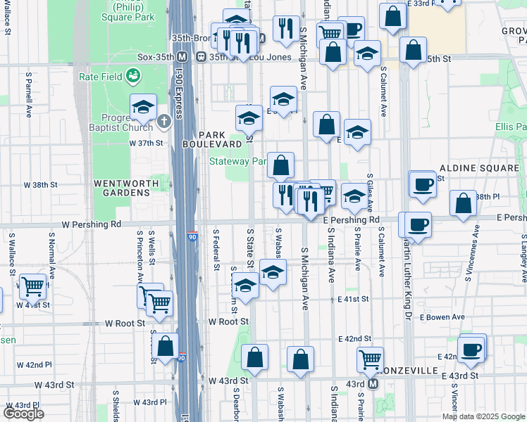 map of restaurants, bars, coffee shops, grocery stores, and more near 3834 South Wabash Avenue in Chicago