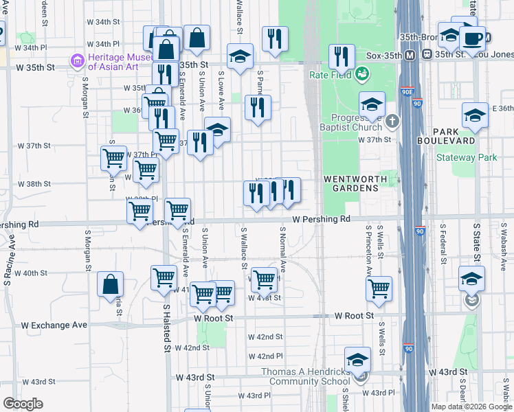 map of restaurants, bars, coffee shops, grocery stores, and more near 3831 South Wallace Street in Chicago