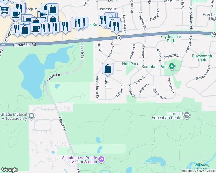 map of restaurants, bars, coffee shops, grocery stores, and more near in DuPage County