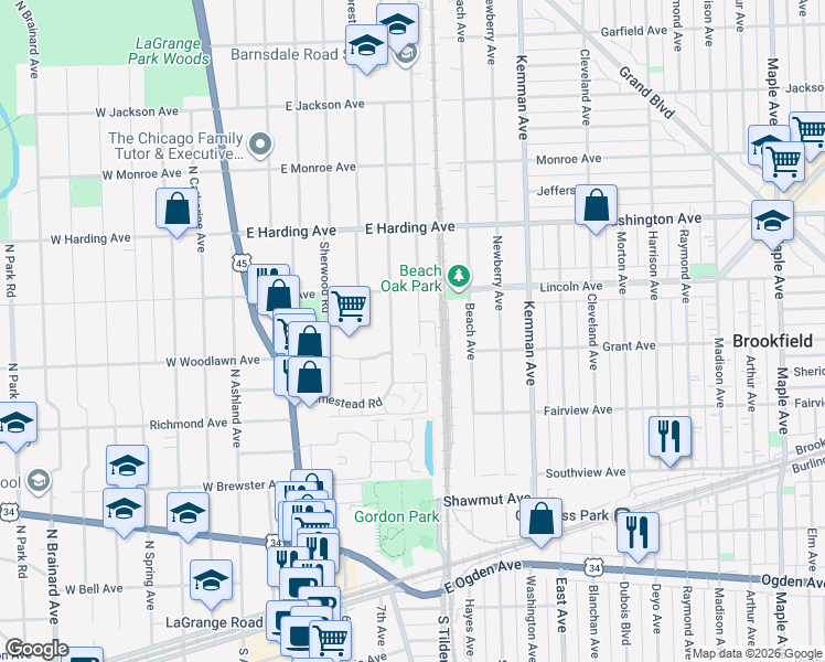 map of restaurants, bars, coffee shops, grocery stores, and more near 522 Barnsdale Road in La Grange Park