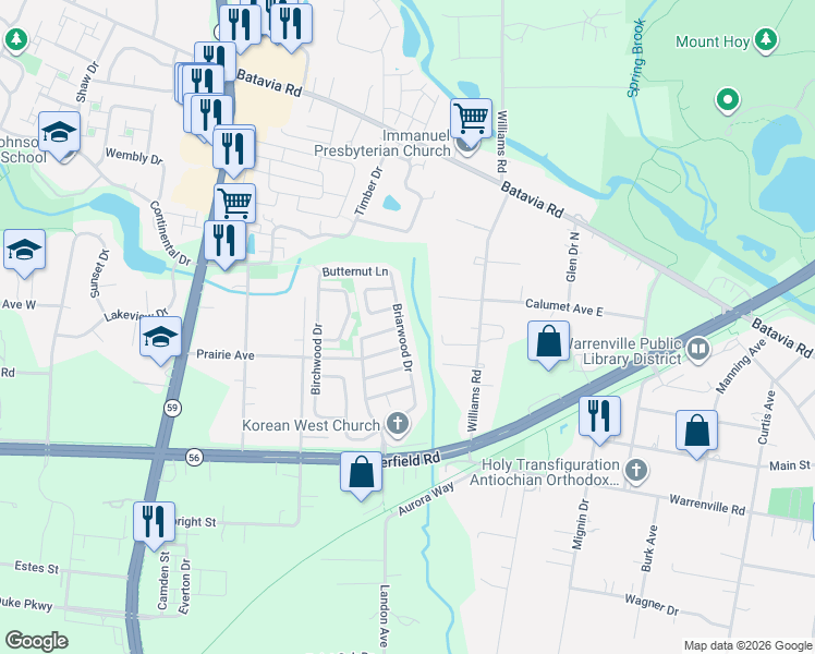 map of restaurants, bars, coffee shops, grocery stores, and more near 3S149 Briarwood Drive in Warrenville