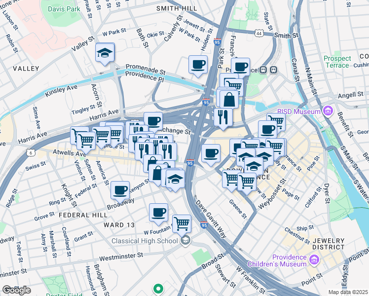 map of restaurants, bars, coffee shops, grocery stores, and more near 14 Cedar Street in Providence
