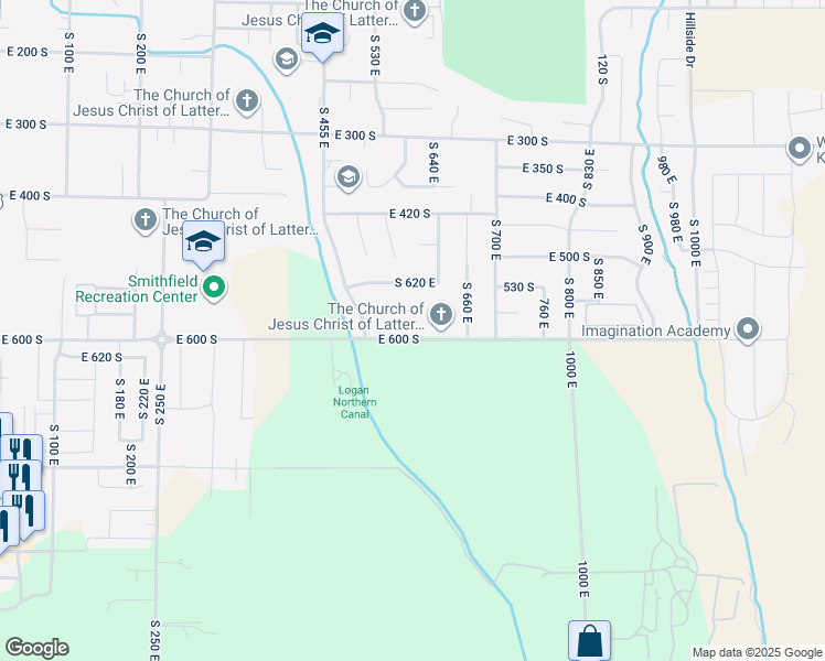 map of restaurants, bars, coffee shops, grocery stores, and more near 545 East 600 South in Smithfield