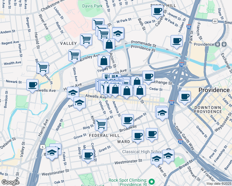 map of restaurants, bars, coffee shops, grocery stores, and more near 120 Spruce Street in Providence