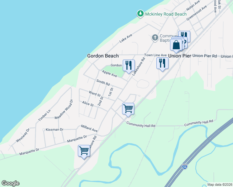 map of restaurants, bars, coffee shops, grocery stores, and more near 16313 1st Street in Union Pier