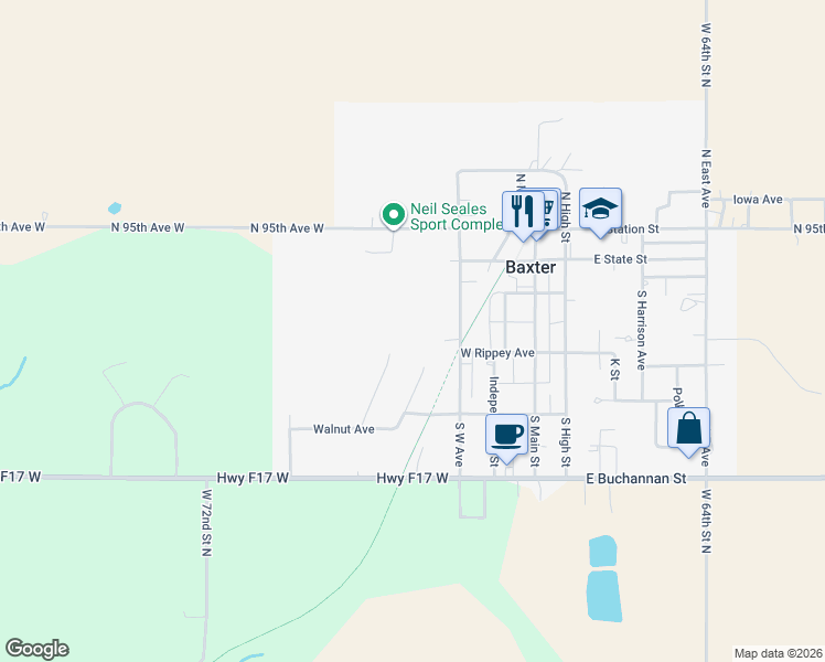 map of restaurants, bars, coffee shops, grocery stores, and more near 208 Linden Street in Baxter