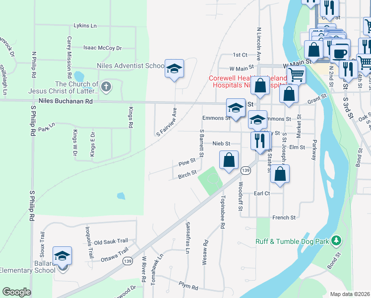 map of restaurants, bars, coffee shops, grocery stores, and more near 308 South Barrett Street in Niles
