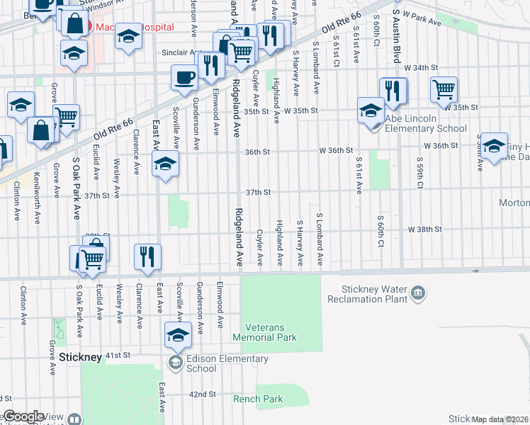 map of restaurants, bars, coffee shops, grocery stores, and more near 3717 Cuyler Avenue in Berwyn