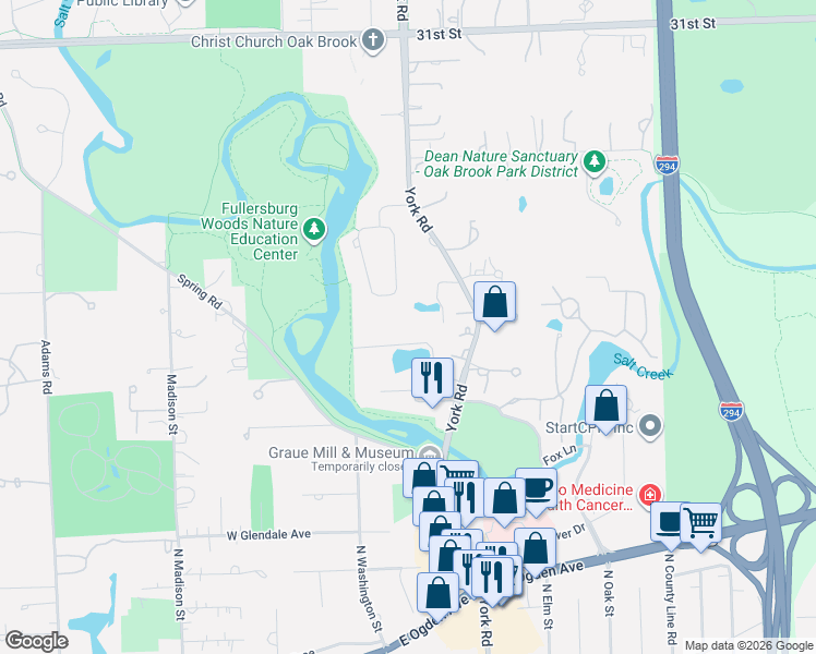 map of restaurants, bars, coffee shops, grocery stores, and more near 402 Luthin Road in Oak Brook