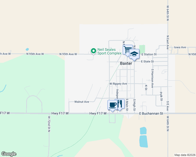 map of restaurants, bars, coffee shops, grocery stores, and more near 208 Linden Street in Baxter