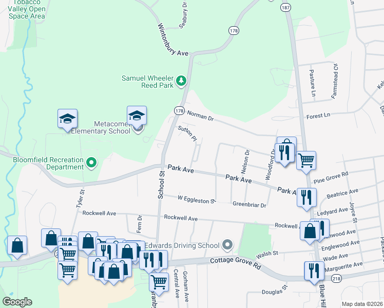 map of restaurants, bars, coffee shops, grocery stores, and more near 55 Sutton Place in Bloomfield