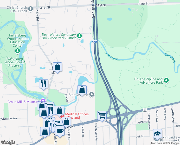 map of restaurants, bars, coffee shops, grocery stores, and more near 1302 Hawthorne Lane in Hinsdale