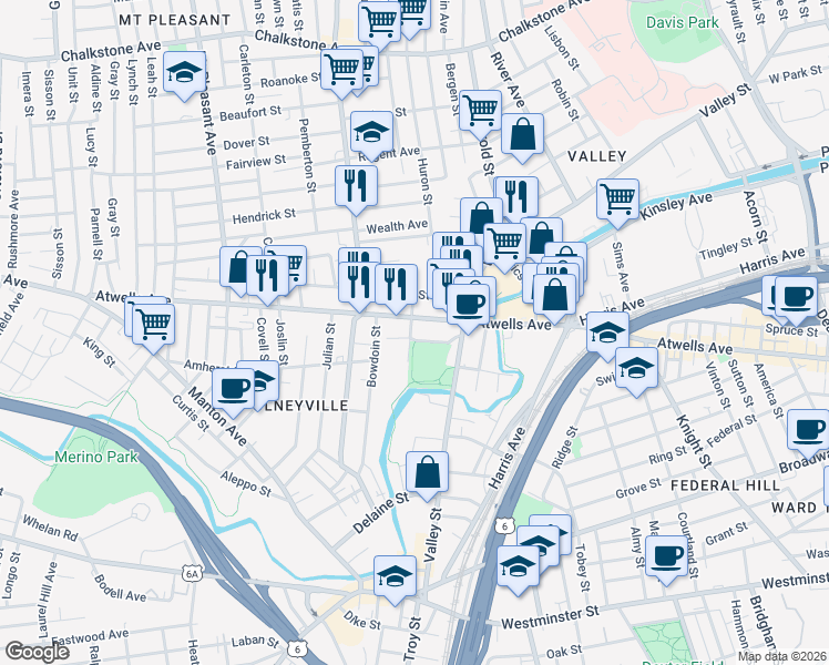 map of restaurants, bars, coffee shops, grocery stores, and more near 758 Atwells Avenue in Providence