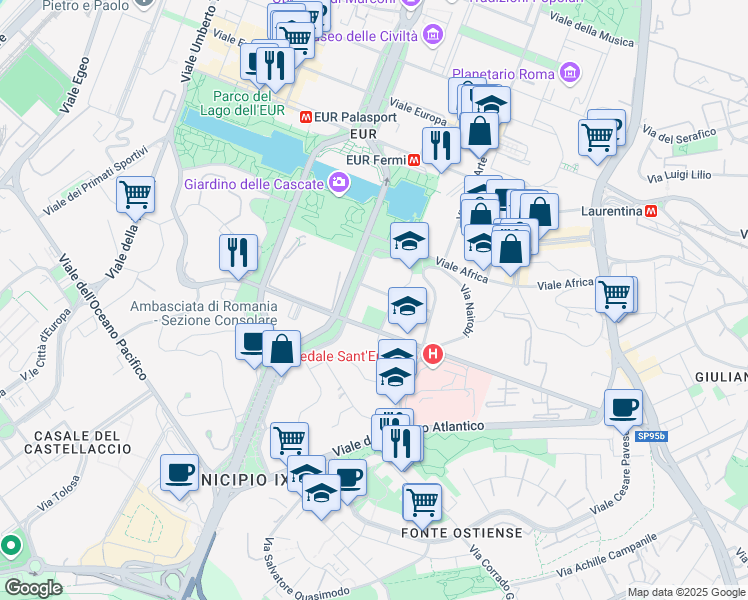 map of restaurants, bars, coffee shops, grocery stores, and more near 63 Viale del Poggio Fiorito in Roma
