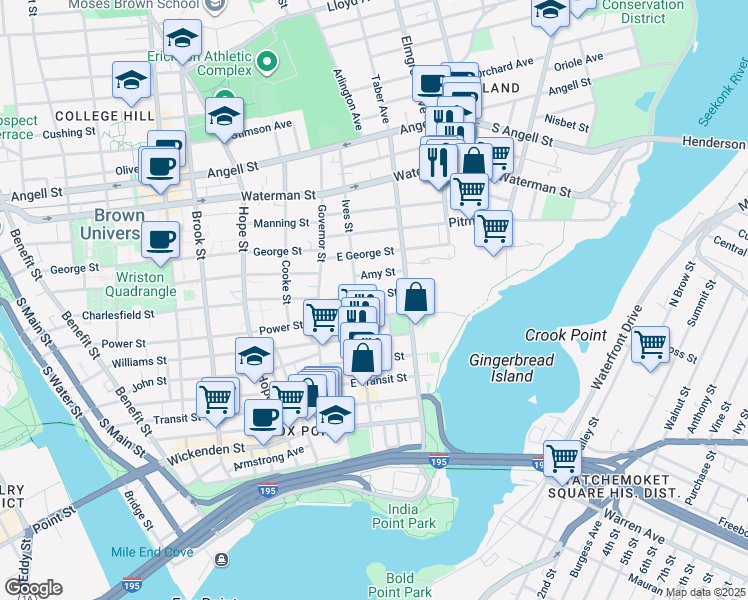 map of restaurants, bars, coffee shops, grocery stores, and more near 57 Preston Street in Providence