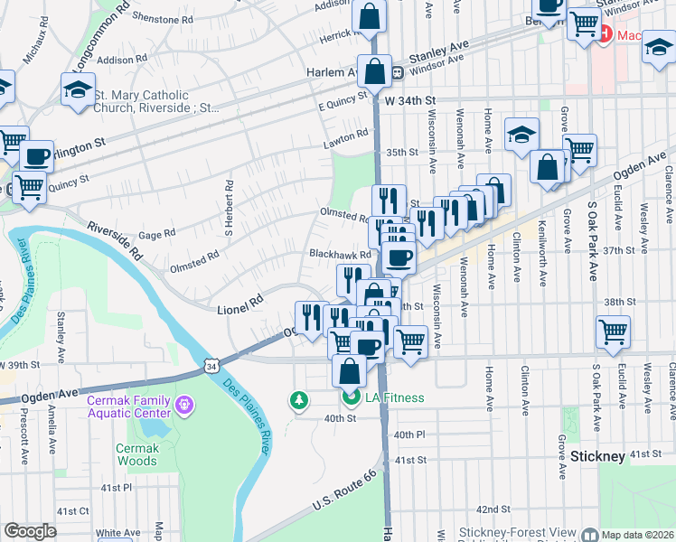 map of restaurants, bars, coffee shops, grocery stores, and more near 393 Blackhawk Road in Riverside