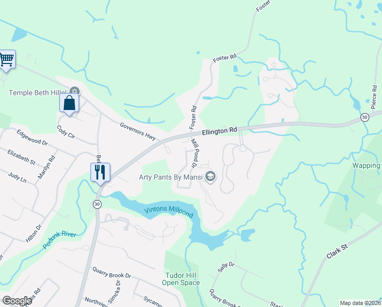 map of restaurants, bars, coffee shops, grocery stores, and more near 307 Mill Pond Drive in South Windsor