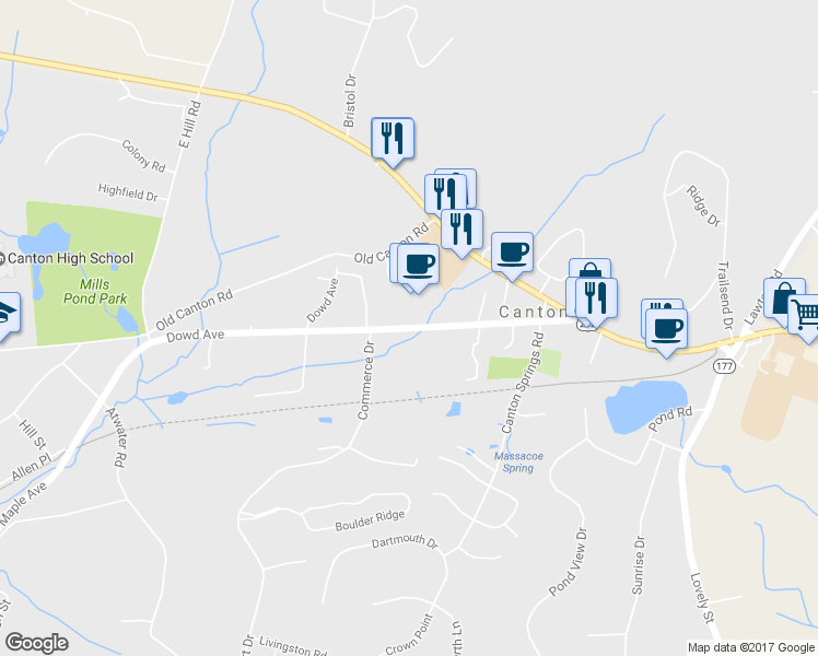 map of restaurants, bars, coffee shops, grocery stores, and more near 434 Dowd Avenue in Canton