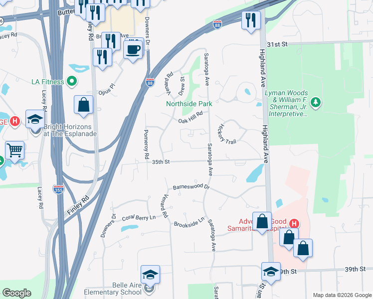 map of restaurants, bars, coffee shops, grocery stores, and more near 1350 35th Street in Downers Grove