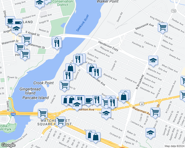 map of restaurants, bars, coffee shops, grocery stores, and more near 15 Blanding Avenue in East Providence
