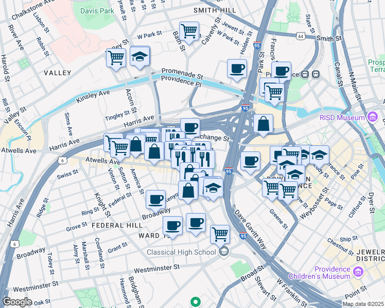 map of restaurants, bars, coffee shops, grocery stores, and more near 55 Cedar Street in Providence