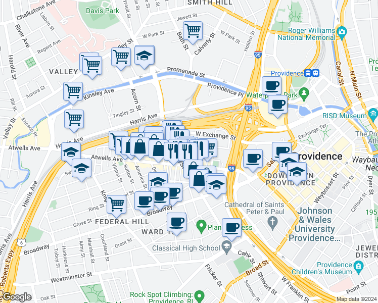 map of restaurants, bars, coffee shops, grocery stores, and more near 48 Brayton Avenue in Providence