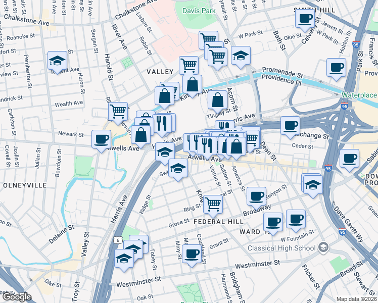 map of restaurants, bars, coffee shops, grocery stores, and more near 425 Atwells Avenue in Providence