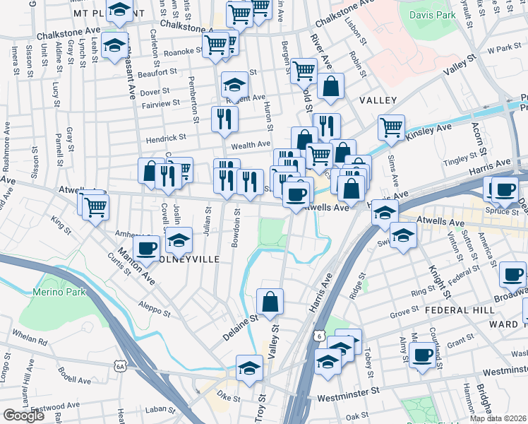 map of restaurants, bars, coffee shops, grocery stores, and more near 758 Atwells Avenue in Providence